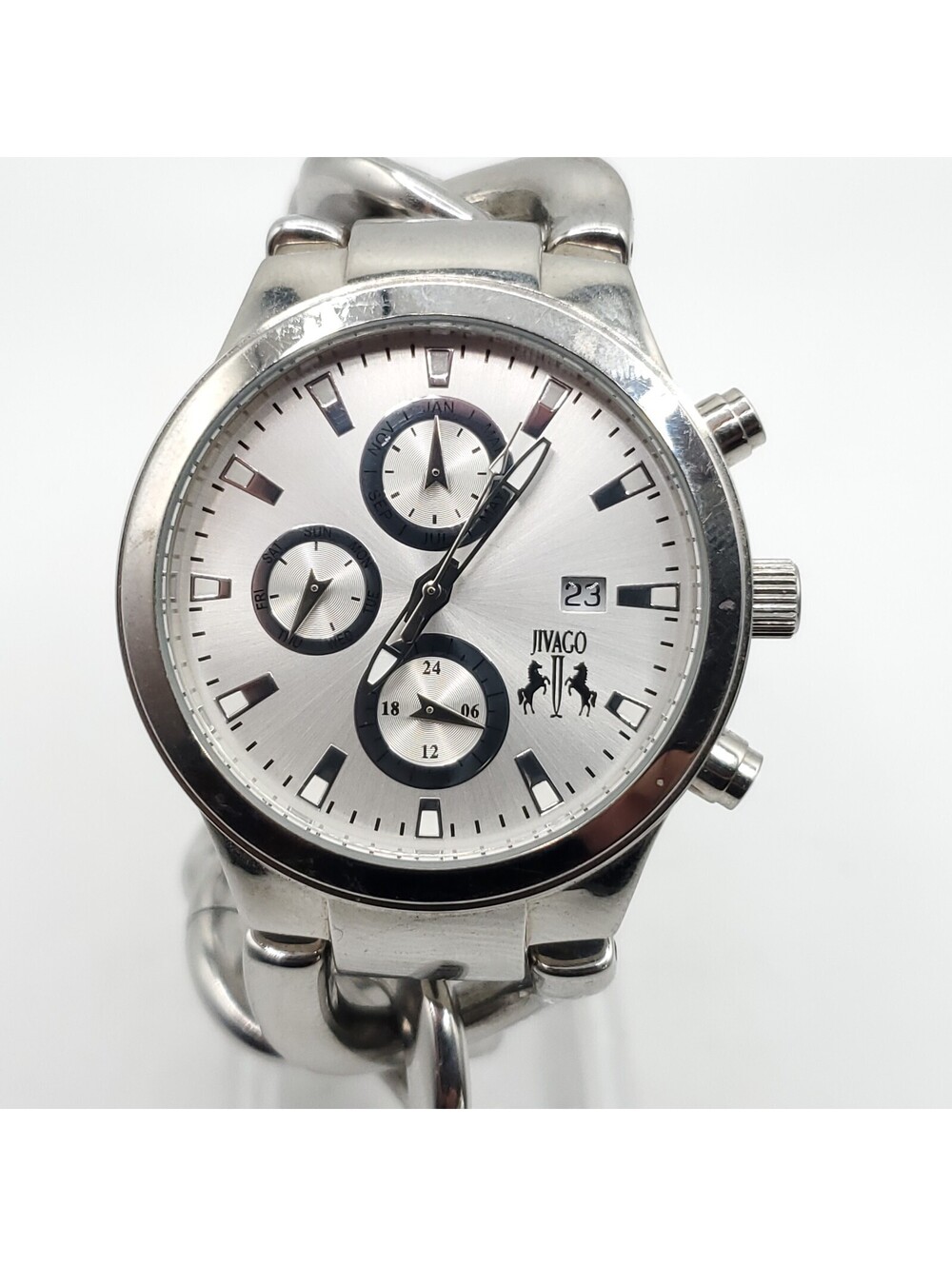 Jivago Multifunction Quartz Watch Men 38mm Silver Tone Chain Band New Battery